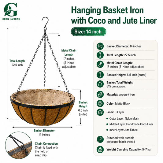 Hanging Basket Iron with Coco & Jute Liner – 14 Inch