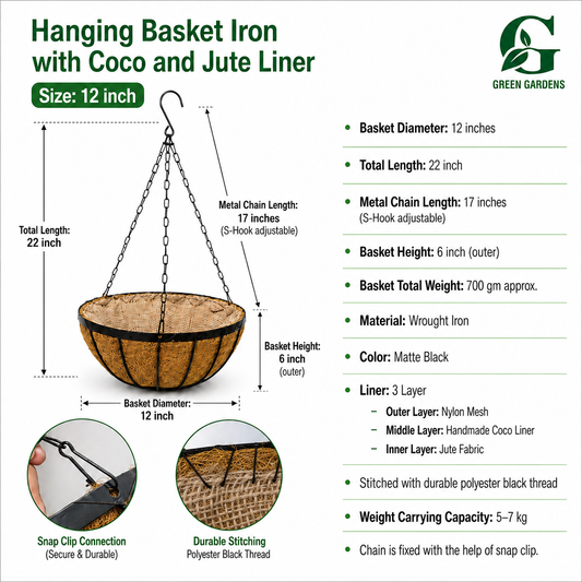 Hanging Basket Iron with Coco & Jute Liner – 12 Inch