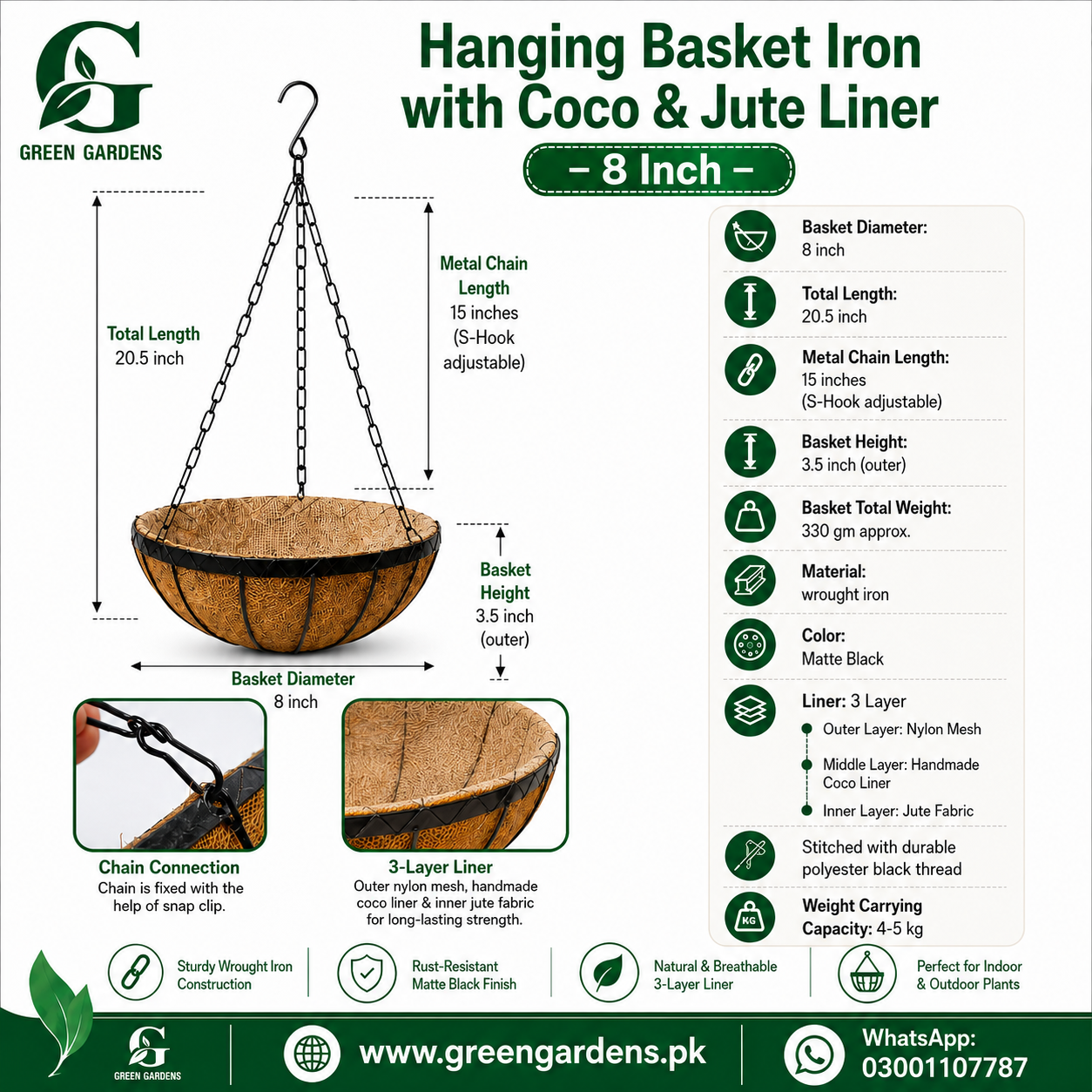 Iron Hanging Basket with Coco & Jute Liner – 8 Inch – product view 2 – GREEN GARDENS Pakistan