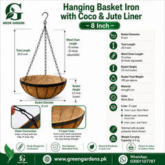 Iron Hanging Basket with Coco & Jute Liner – 8 Inch – product view 2 – GREEN GARDENS Pakistan