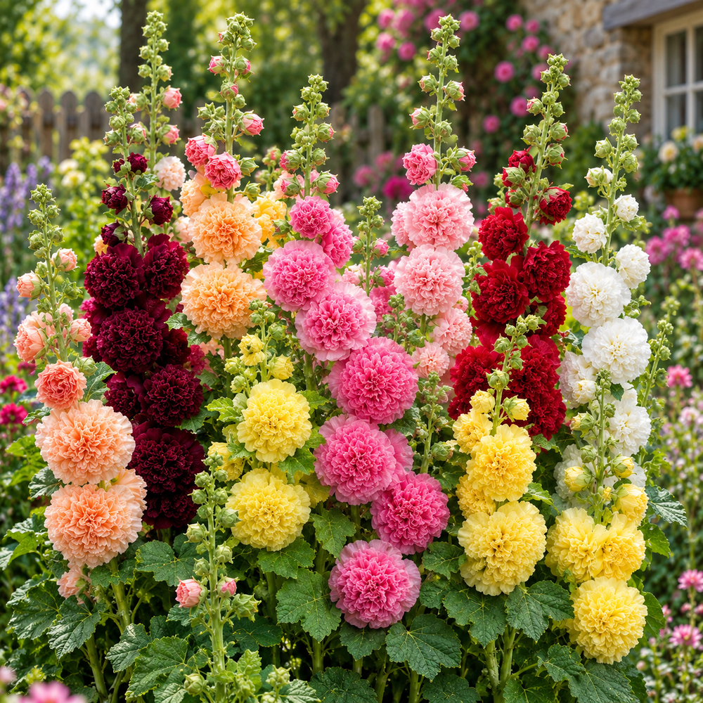 Double Hollyhock Alcea rosea with tall colourful double flower spikes – winter flower seeds for garden beds borders walls and grow bags in Pakistan