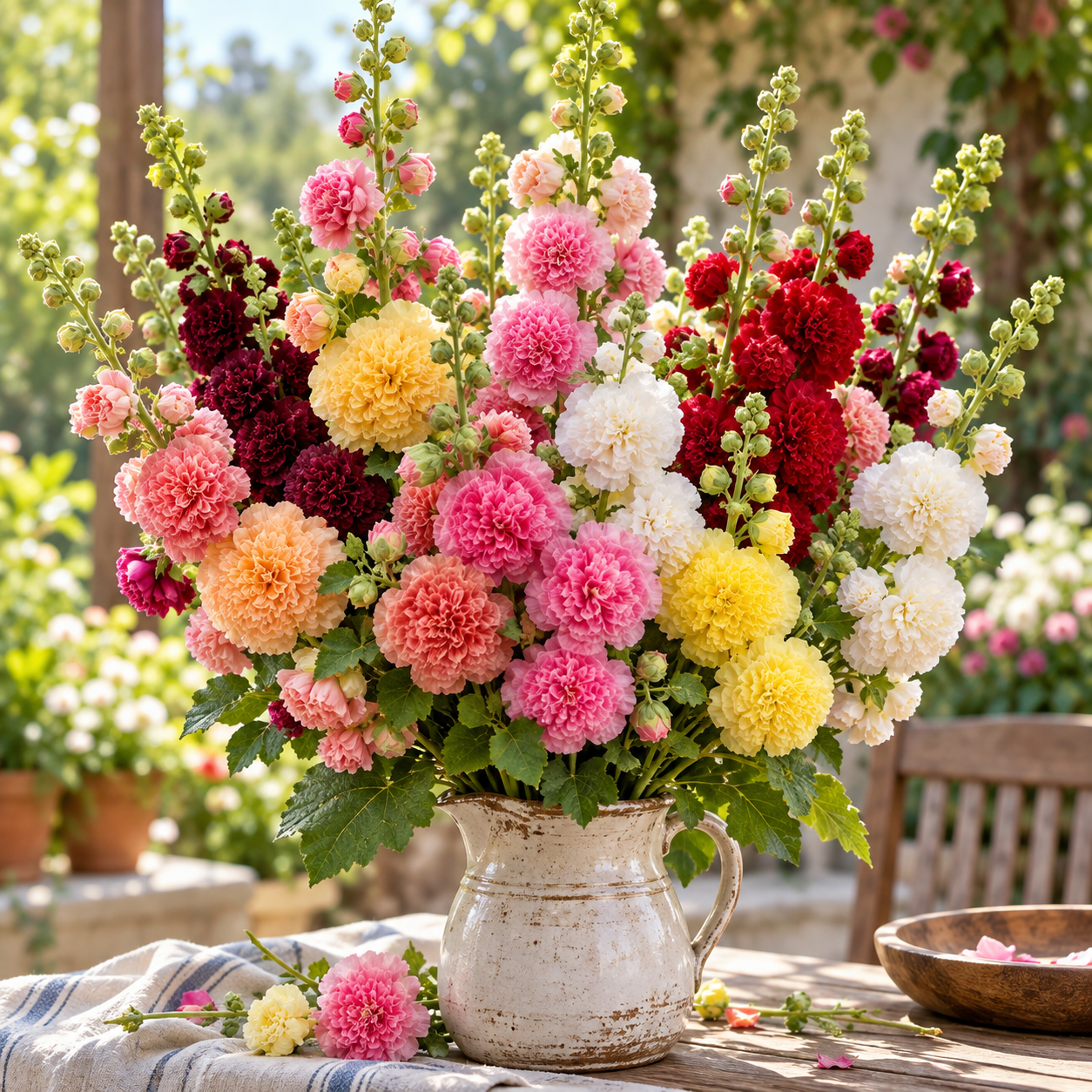 Double Hollyhock Alcea rosea with tall colourful double flower spikes – winter flower seeds for garden beds borders walls and grow bags in Pakistan