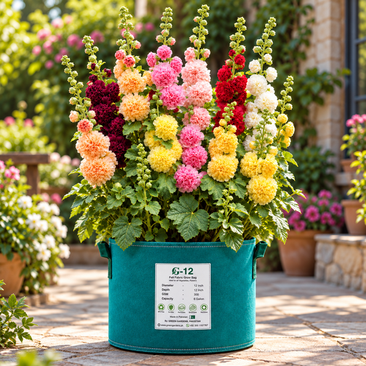 Double Hollyhock Alcea rosea with tall colourful double flower spikes – winter flower seeds for garden beds borders walls and grow bags in Pakistan