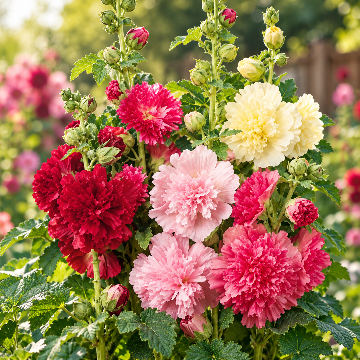 Dwarf Hollyhock Majorette Double Mix plants with colourful ruffled double and semi-double flowers in pink red yellow white and purple shades on compact upright flowering stems – winter flower seeds Pakistan