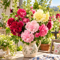 Dwarf Hollyhock Majorette Double Mix plants with colourful ruffled double and semi-double flowers in pink red yellow white and purple shades on compact upright flowering stems – winter flower seeds Pakistan