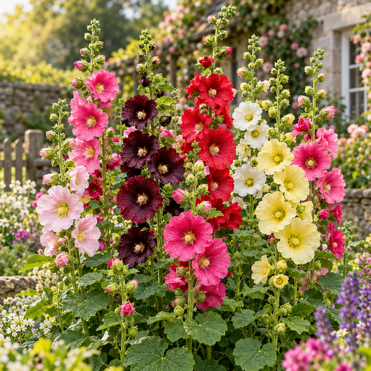 Tall Single Hollyhock Alcea rosea with large single-petal flowers on upright spikes – winter flower seeds for gardens borders walls and grow bags in Pakistan