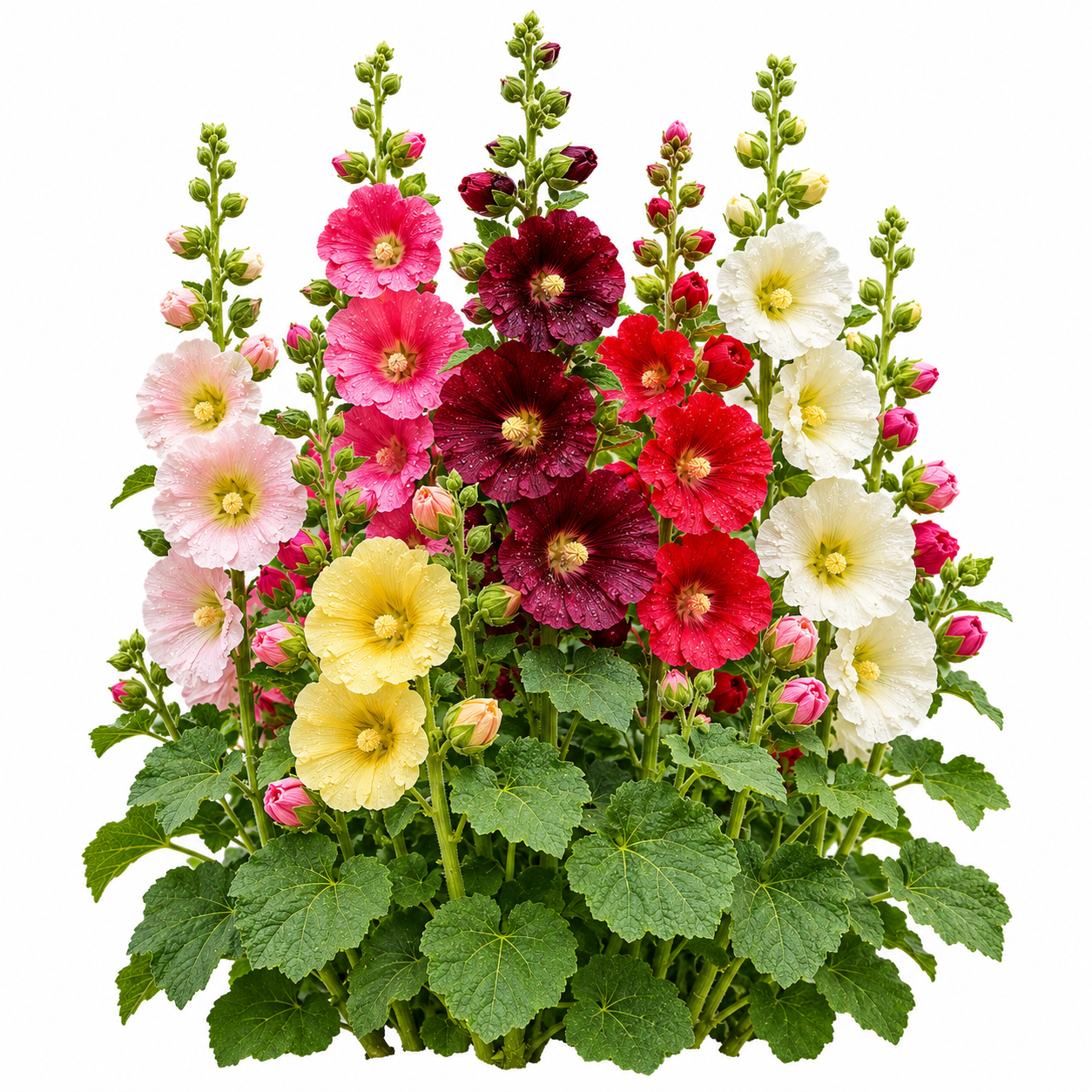 Tall Single Hollyhock Alcea rosea with large single-petal flowers on upright spikes – winter flower seeds for gardens borders walls and grow bags in Pakistan