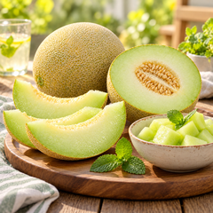 White Honey F1 Hybrid Honeydew Melon with smooth creamy-white round fruits and sweet pale-green juicy flesh growing on healthy summer vines – fruit seeds Pakistan
