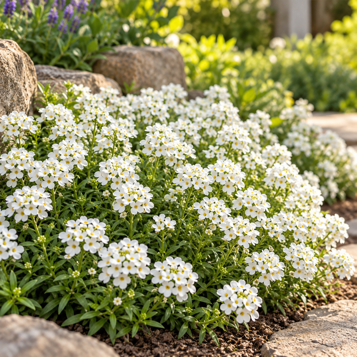 Iberis amara White Candytuft with clusters of pure white flowers and green foliage – winter flower seeds for pots beds borders and grow bags in Pakistan
