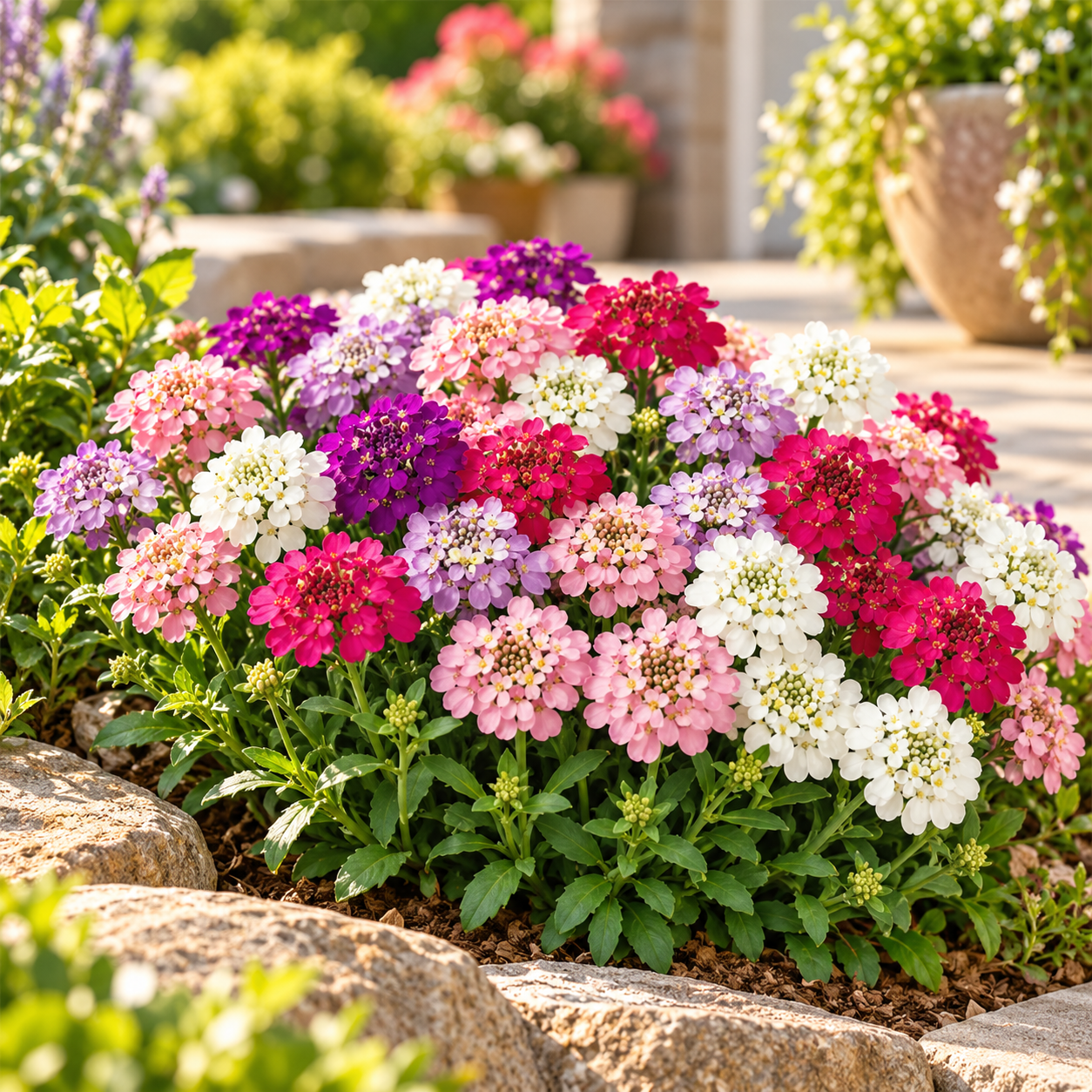 Iberis umbellata Fairy Mix Candytuft with colourful pink purple white and crimson flower clusters – winter seeds for pots beds borders and grow bags in Pakistan