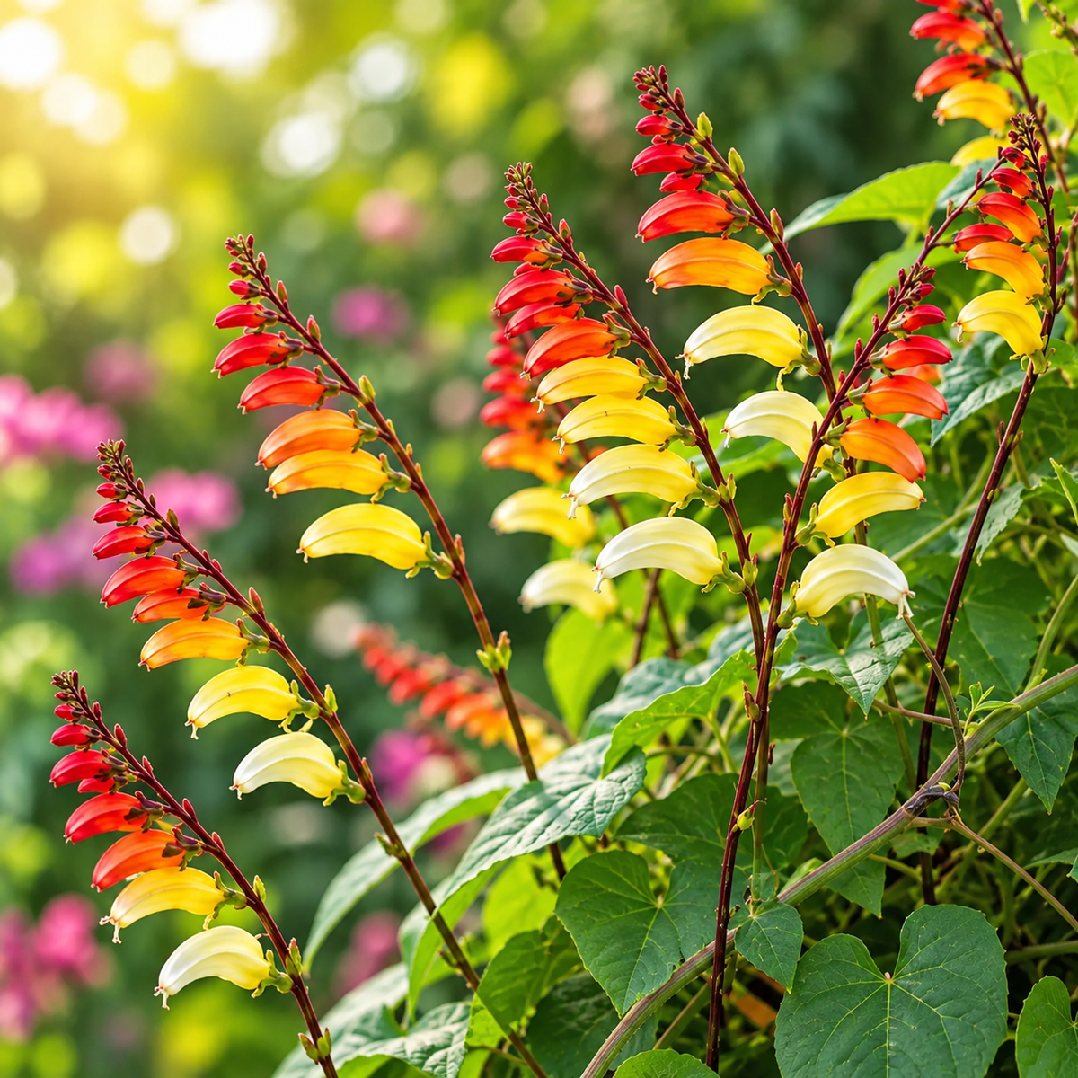 Spanish Flag Vine Ipomoea lobata Mina lobata with multicoloured red orange yellow and cream flower spikes climbing on trellis – summer vine seeds in Pakistan