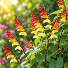 Spanish Flag Vine Ipomoea lobata Mina lobata with multicoloured red orange yellow and cream flower spikes climbing on trellis – summer vine seeds in Pakistan