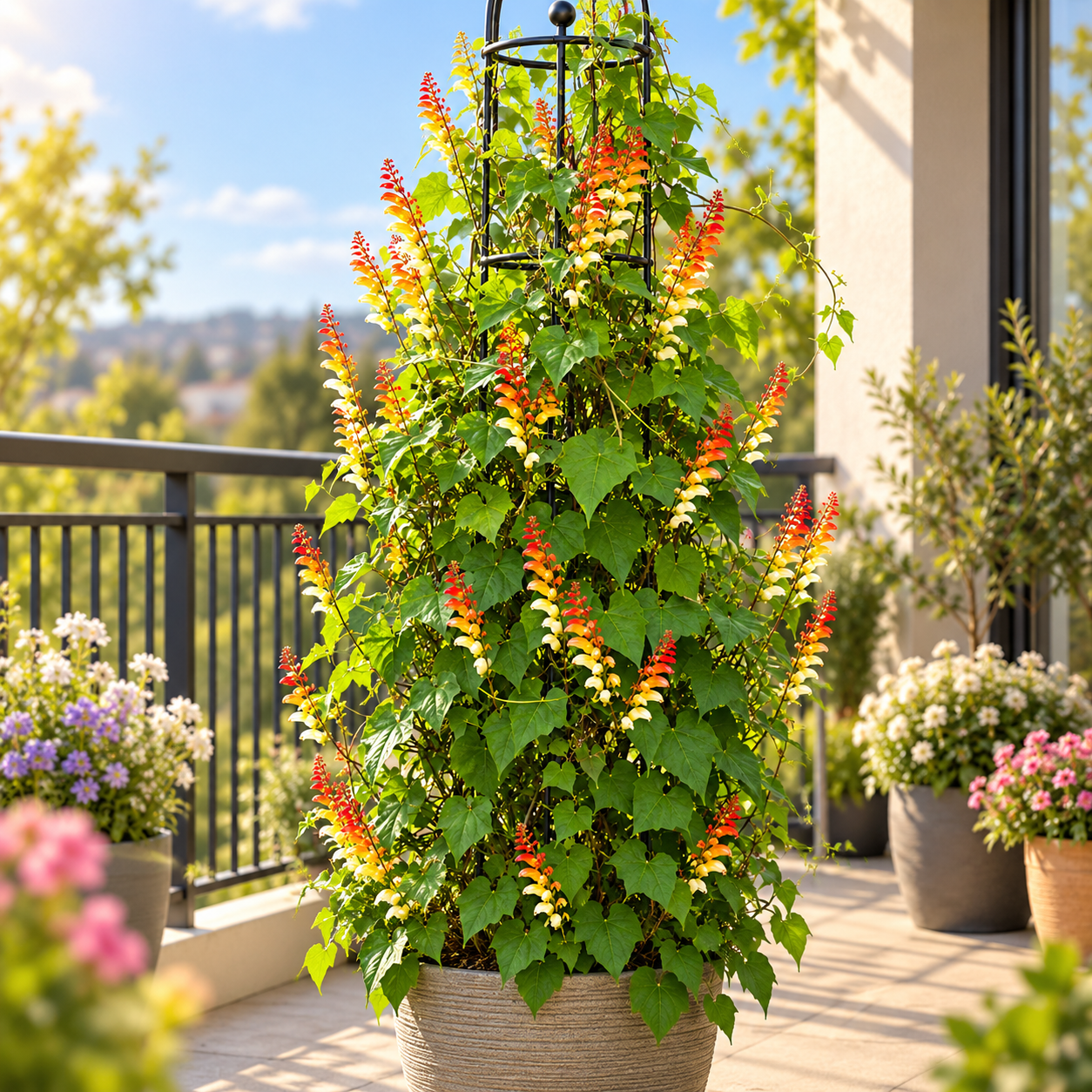 Spanish Flag Vine Ipomoea lobata Mina lobata with multicoloured red orange yellow and cream flower spikes climbing on trellis – summer vine seeds in Pakistan