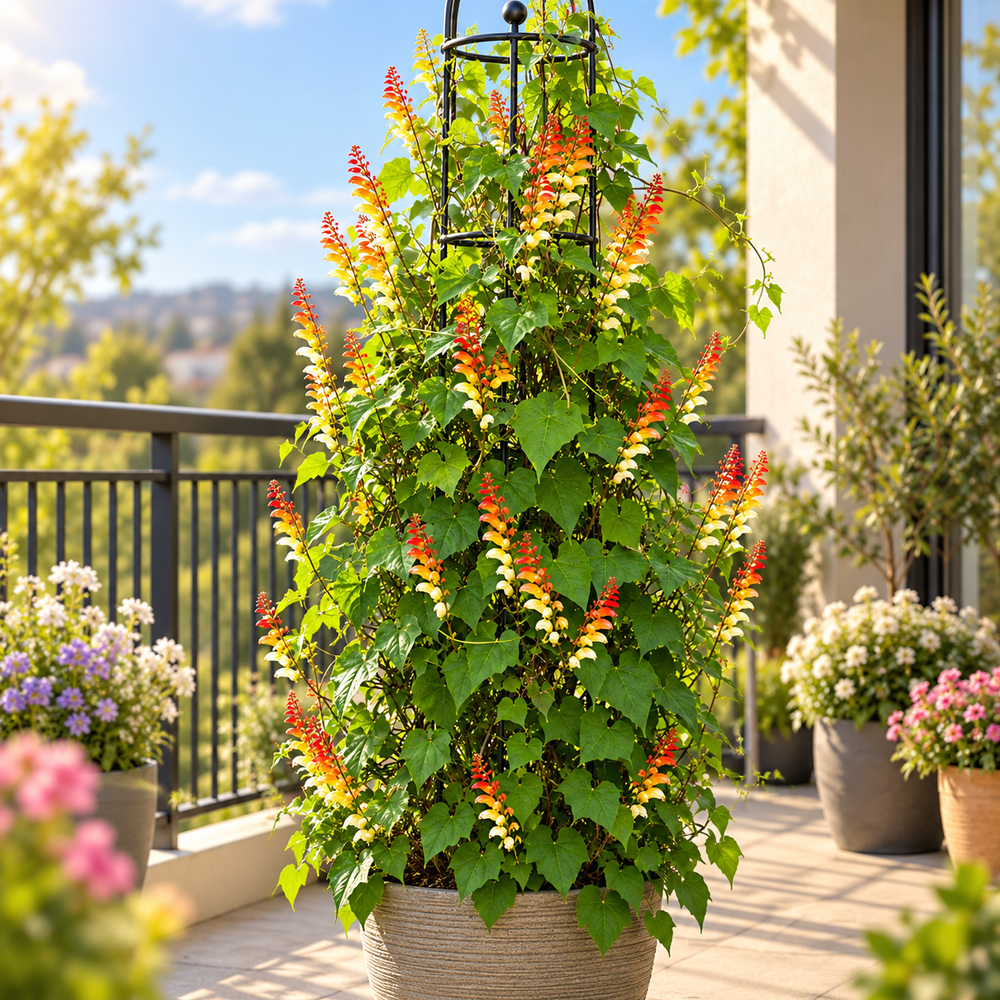 Spanish Flag Vine Ipomoea lobata Mina lobata with multicoloured red orange yellow and cream flower spikes climbing on trellis – summer vine seeds in Pakistan
