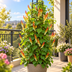 Spanish Flag Vine Ipomoea lobata Mina lobata with multicoloured red orange yellow and cream flower spikes climbing on trellis – summer vine seeds in Pakistan