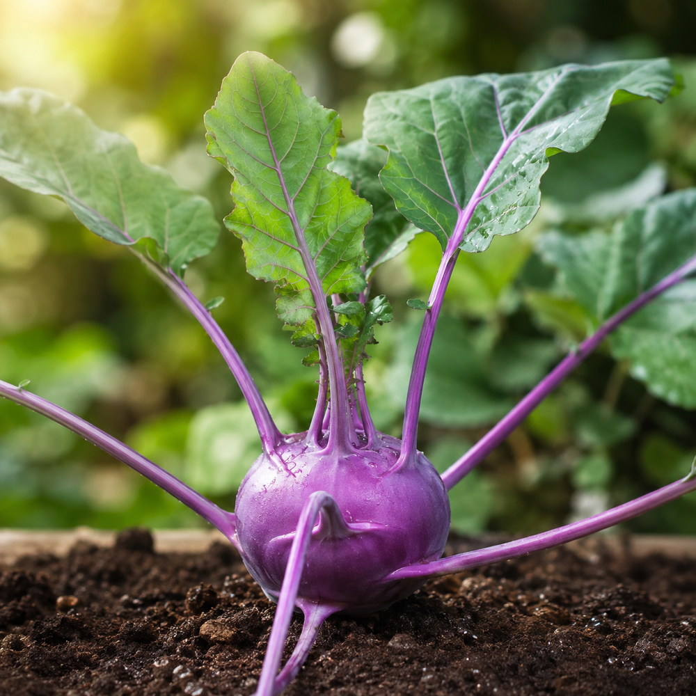 Fresh Purple Kohlrabi Ganth Gobi with violet swollen stems and healthy green leaves – vegetable seeds for home gardening in Pakistan