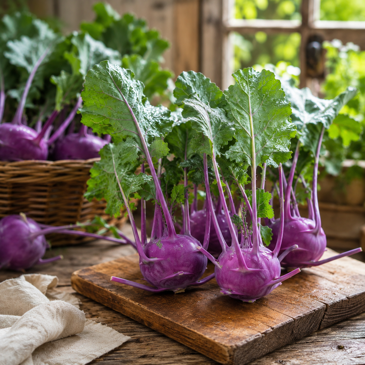 Fresh Purple Kohlrabi Ganth Gobi with violet swollen stems and healthy green leaves – vegetable seeds for home gardening in Pakistan