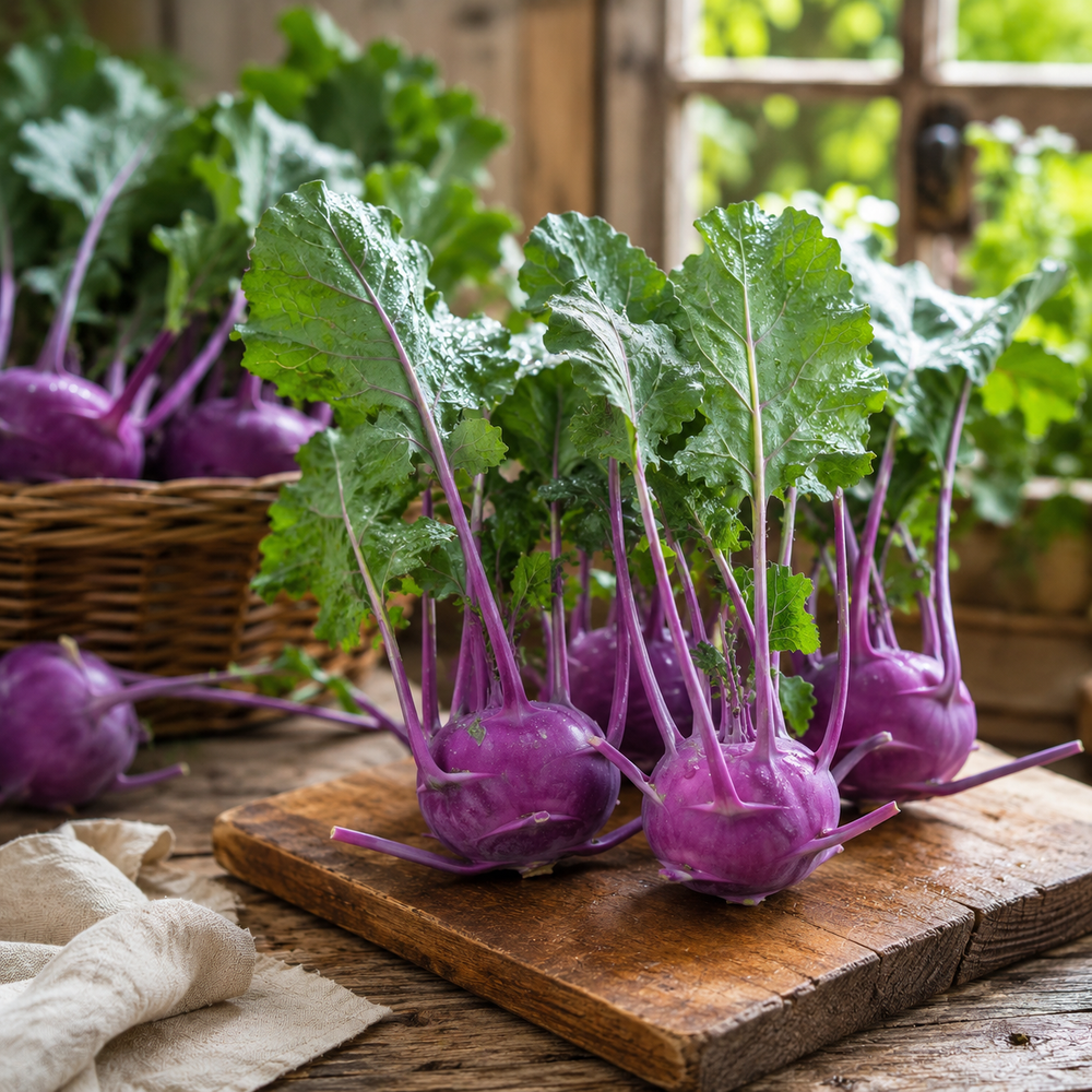 Fresh Purple Kohlrabi Ganth Gobi with violet swollen stems and healthy green leaves – vegetable seeds for home gardening in Pakistan