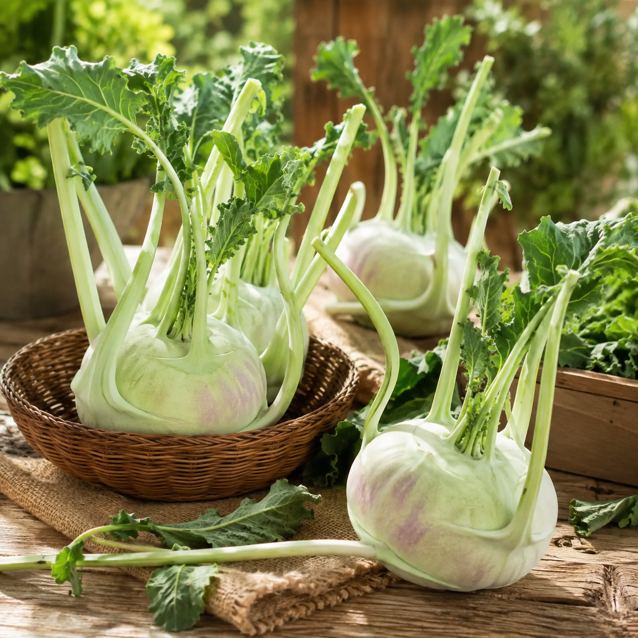 Fresh green Kohlrabi Ganth Gobi with crisp swollen stems and healthy leaves – vegetable seeds for home gardening in Pakistan