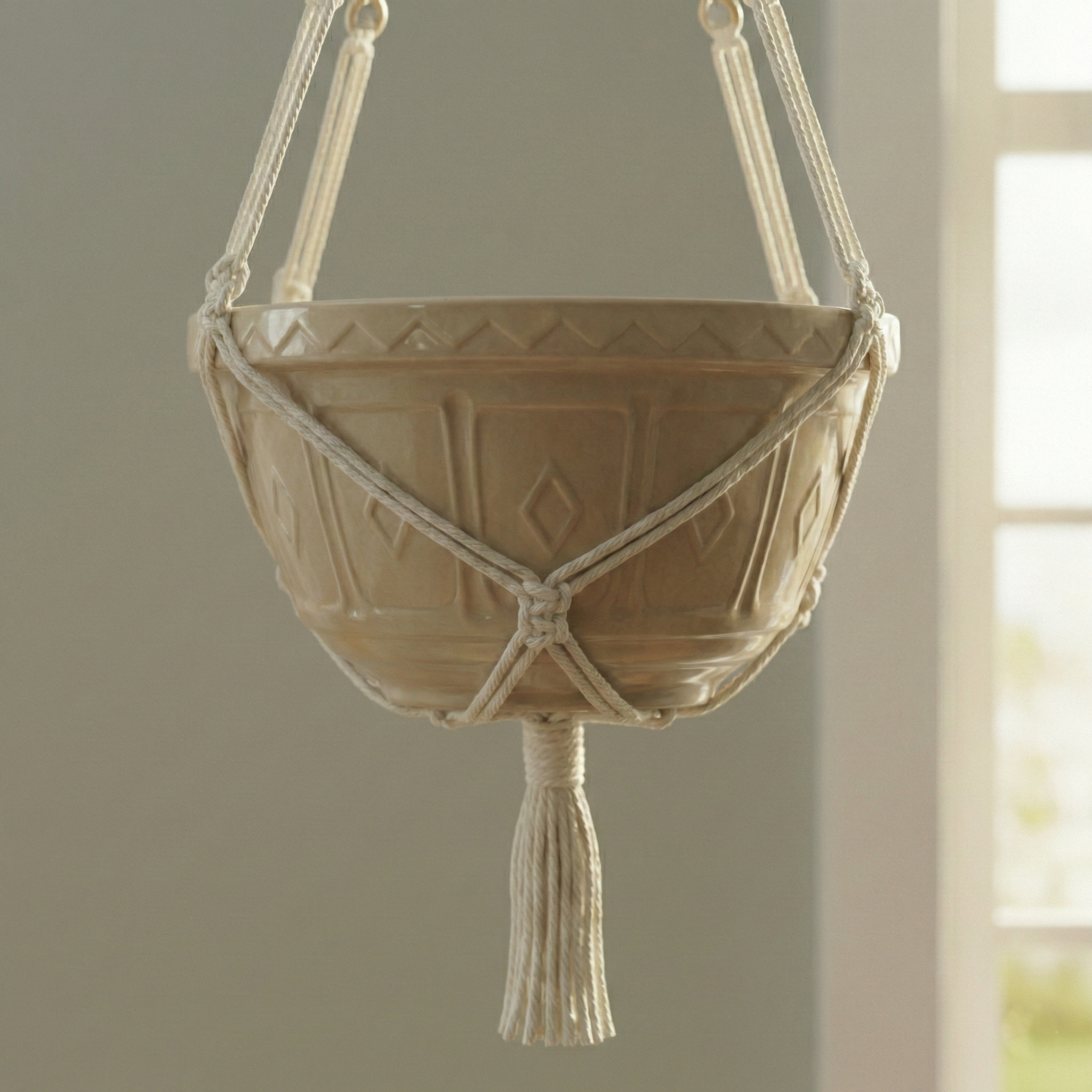Large Earth-Tone Ceramic Hanging Planter with Macrame (13 Inch) - Premium Series