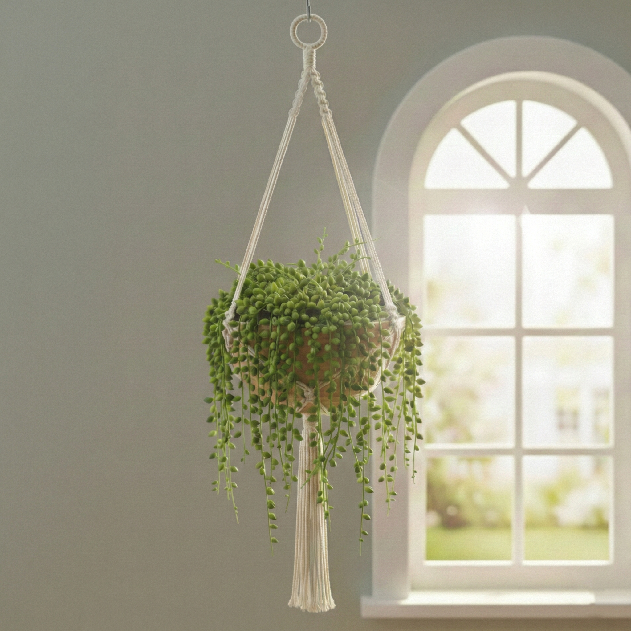 Large Earth-Tone Ceramic Hanging Planter with Macrame (13 Inch) - Premium Series