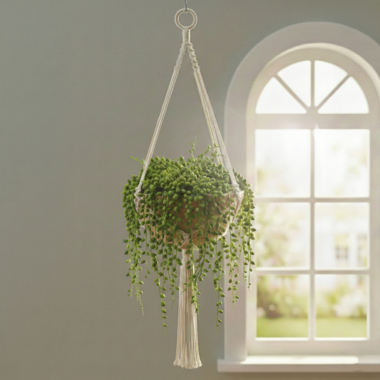 Large Earth-Tone Ceramic Hanging Planter with Macrame (13 Inch) - Premium Series