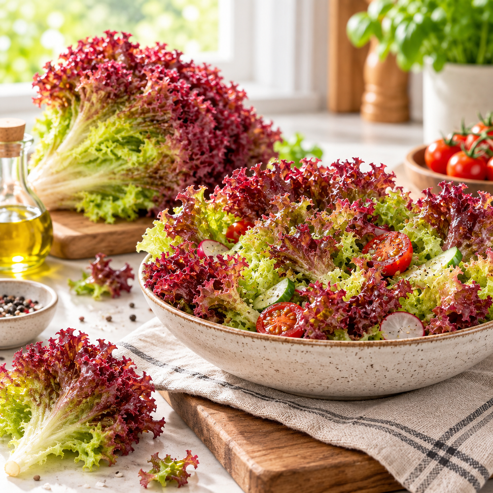 Red Fire Lettuce with frilled red and green leaves – colourful red leaf lettuce seeds for winter salads and home gardening in Pakistan