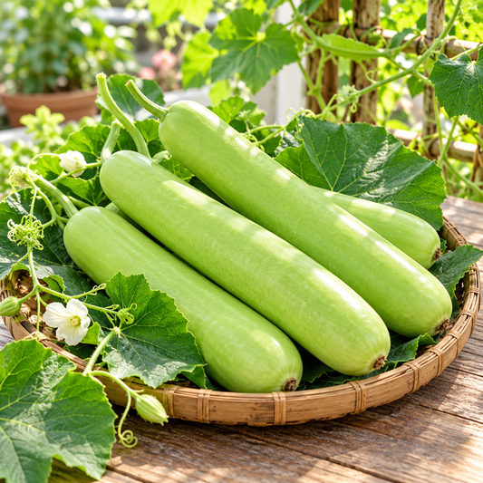 Long Bottle Gourd Loki F1 Hybrid with elongated smooth light-green tender fruits hanging from healthy climbing vines – summer vegetable seeds for kitchen gardens trellises and grow bags Pakistan