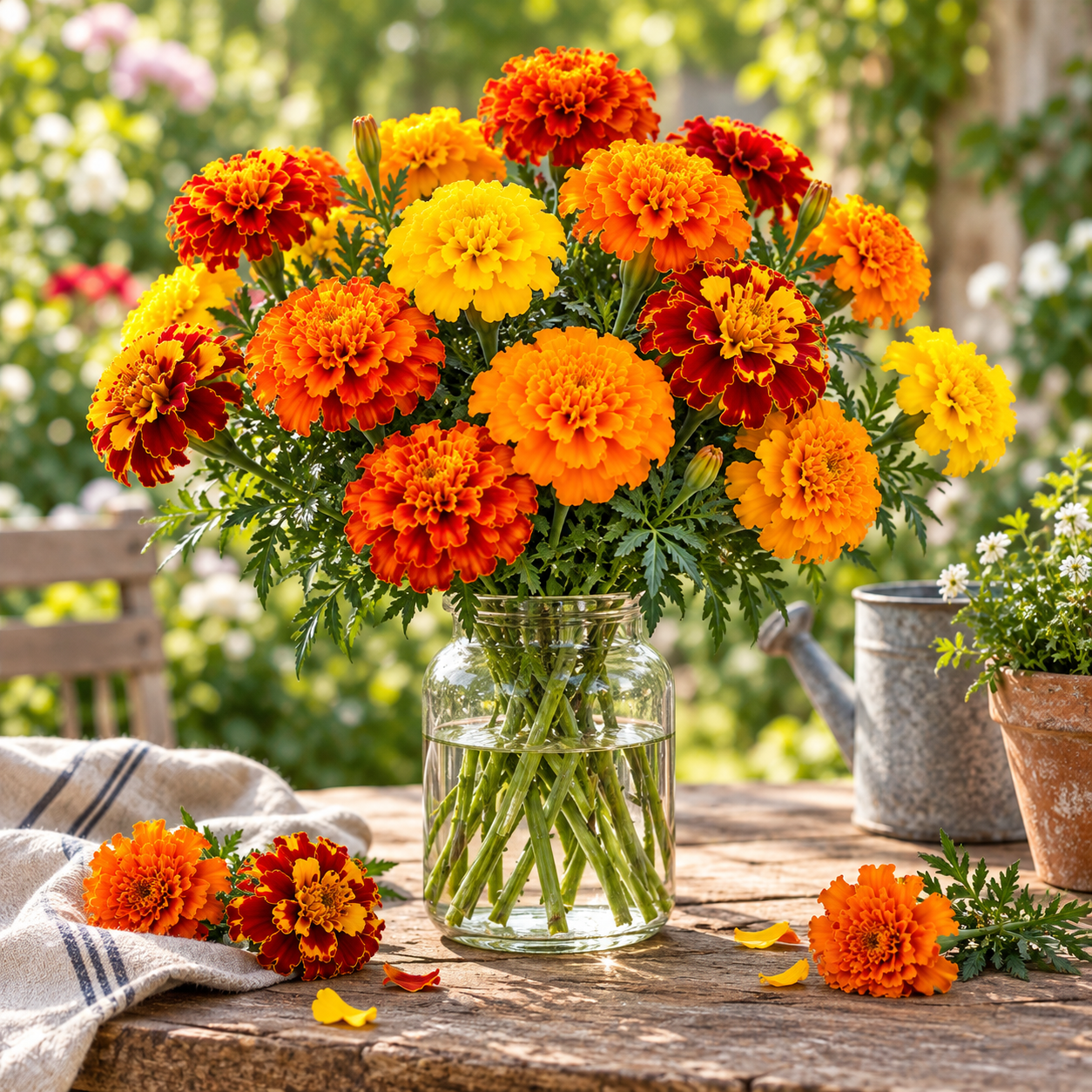 French Marigold Jaffery Mix with colourful yellow, gold and orange blooms – compact Tagetes patula flower seeds for pots, beds and home gardens in Pakistan