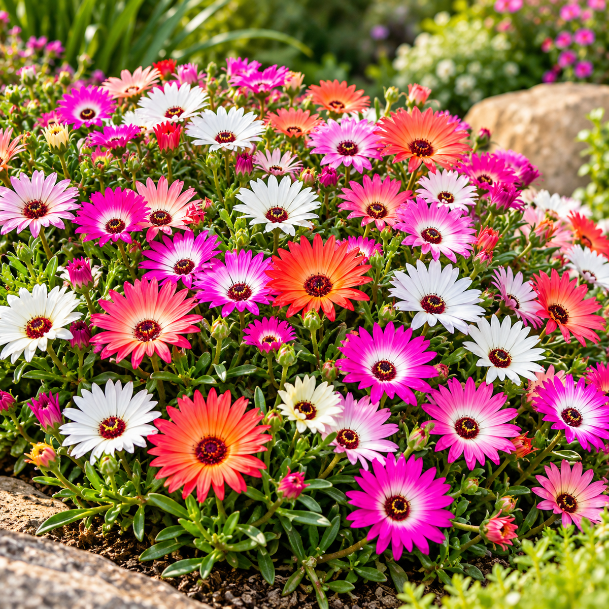 Mesembryanthemum Ice Plant Mix with colourful pink red orange yellow white and purple daisy-like flowers – winter seeds for pots rock gardens borders and grow bags in Pakistan