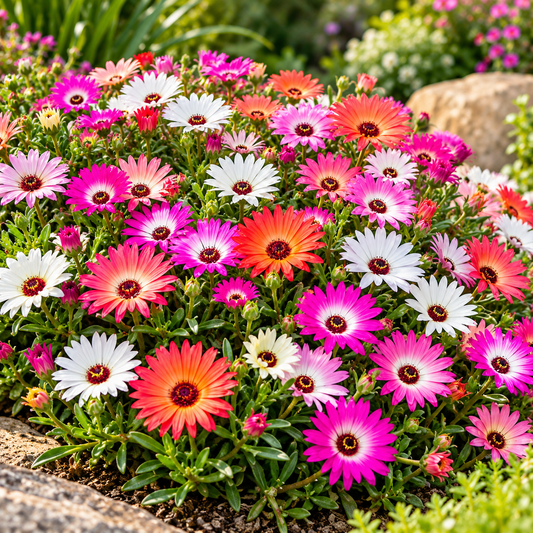 Mesembryanthemum Ice Plant Mix with colourful pink red orange yellow white and purple daisy-like flowers – winter seeds for pots rock gardens borders and grow bags in Pakistan