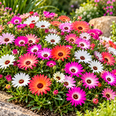 Mesembryanthemum Ice Plant Mix with colourful pink red orange yellow white and purple daisy-like flowers – winter seeds for pots rock gardens borders and grow bags in Pakistan