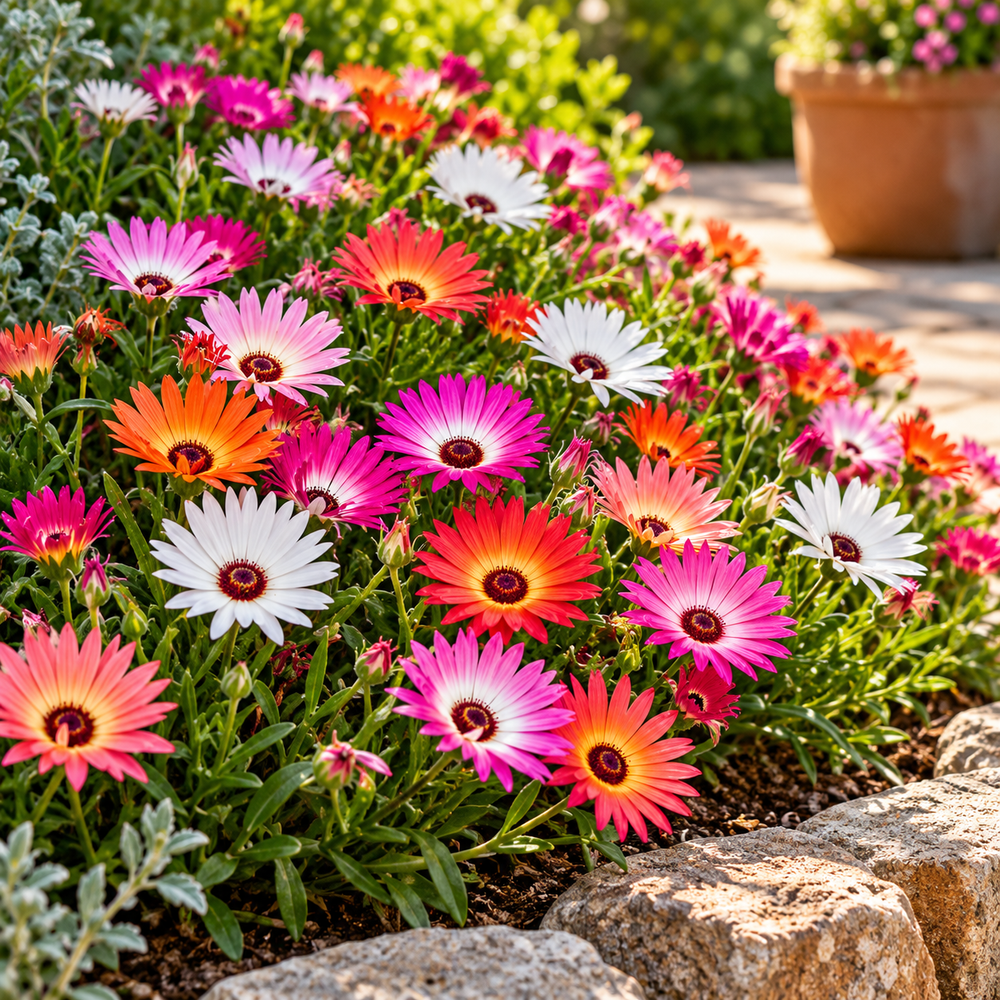 Mesembryanthemum Ice Plant Mix with colourful pink red orange yellow white and purple daisy-like flowers – winter seeds for pots rock gardens borders and grow bags in Pakistan