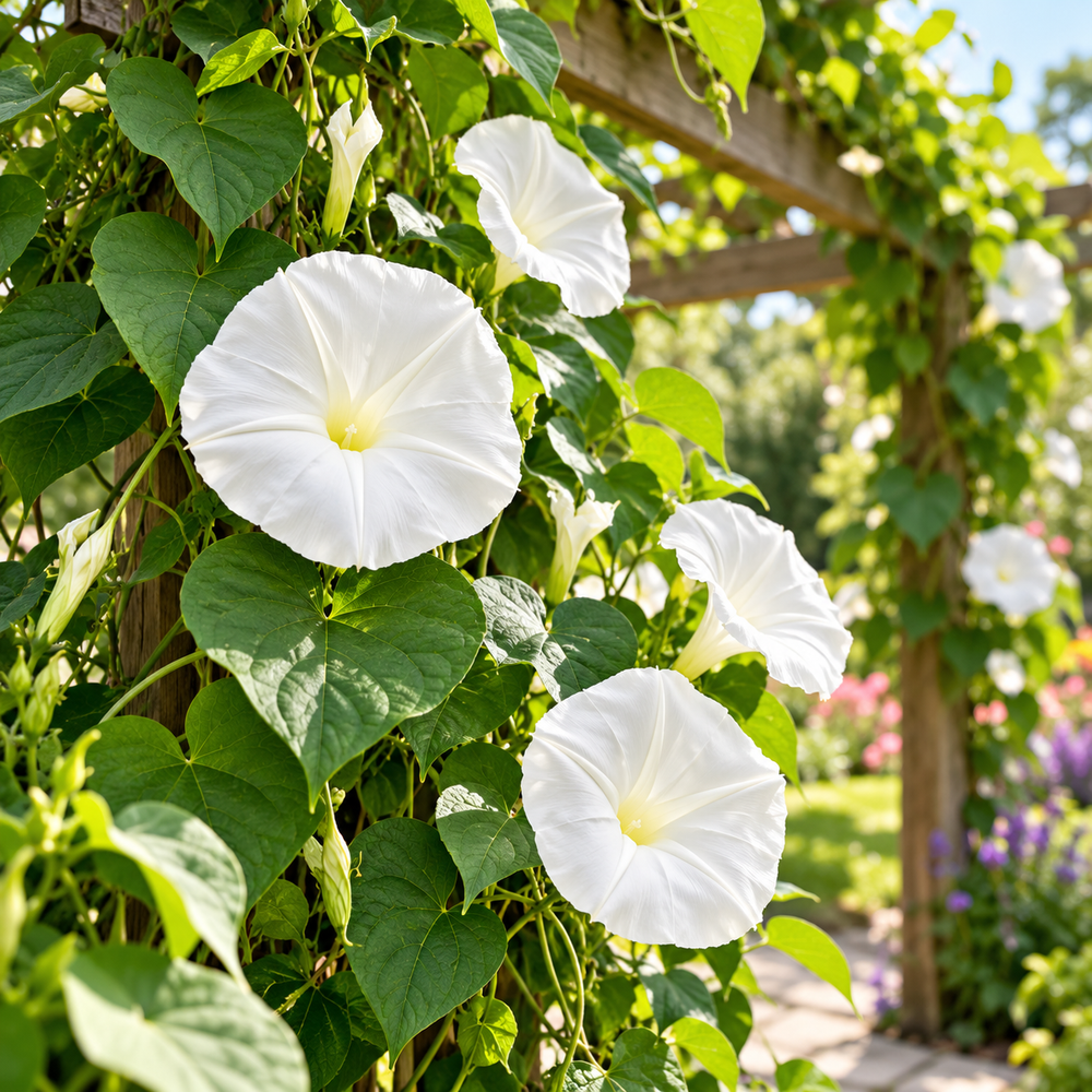 Moonflower Ipomoea alba with large pure-white trumpet-shaped evening-opening flowers climbing on trellis – summer flowering vine seeds in Pakistan