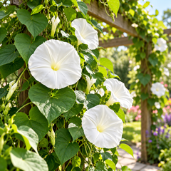 Moonflower Ipomoea alba with large pure-white trumpet-shaped evening-opening flowers climbing on trellis – summer flowering vine seeds in Pakistan