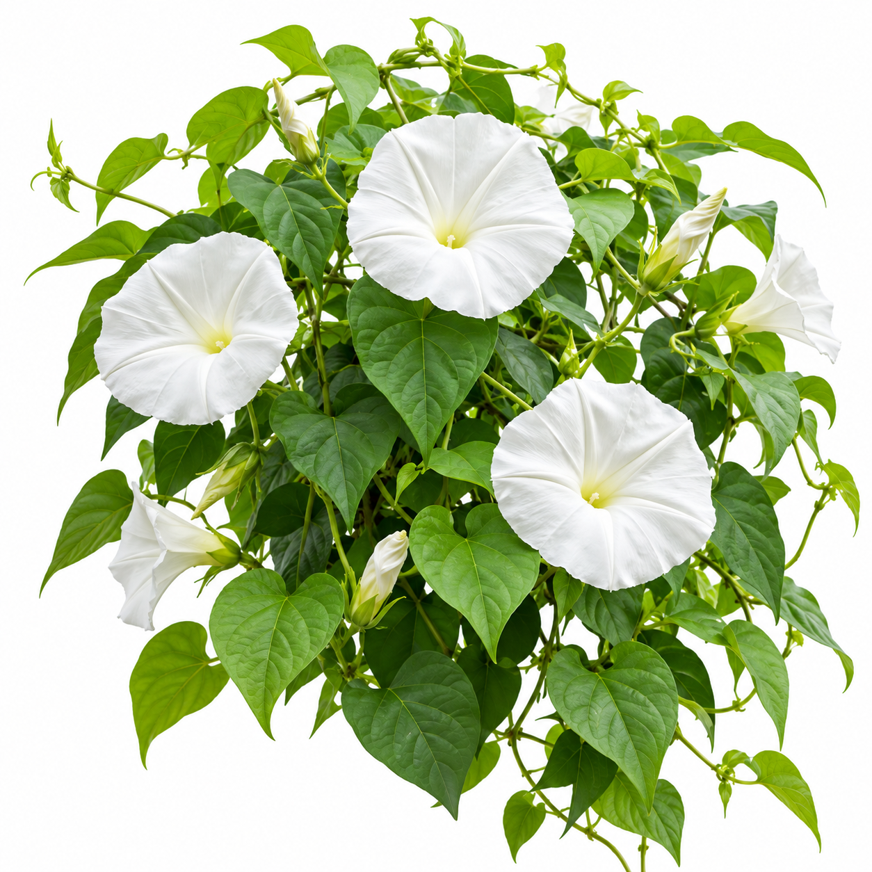 Moonflower Ipomoea alba with large pure-white trumpet-shaped evening-opening flowers climbing on trellis – summer flowering vine seeds in Pakistan