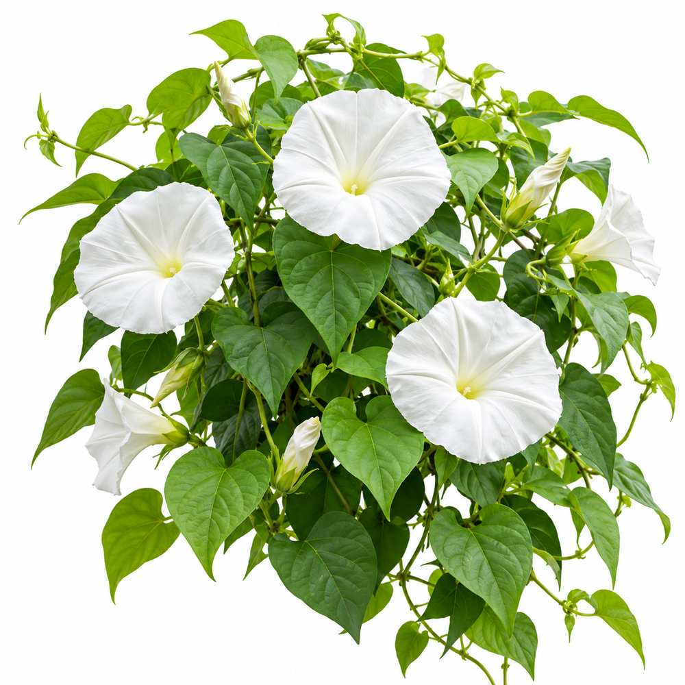 Moonflower Ipomoea alba with large pure-white trumpet-shaped evening-opening flowers climbing on trellis – summer flowering vine seeds in Pakistan