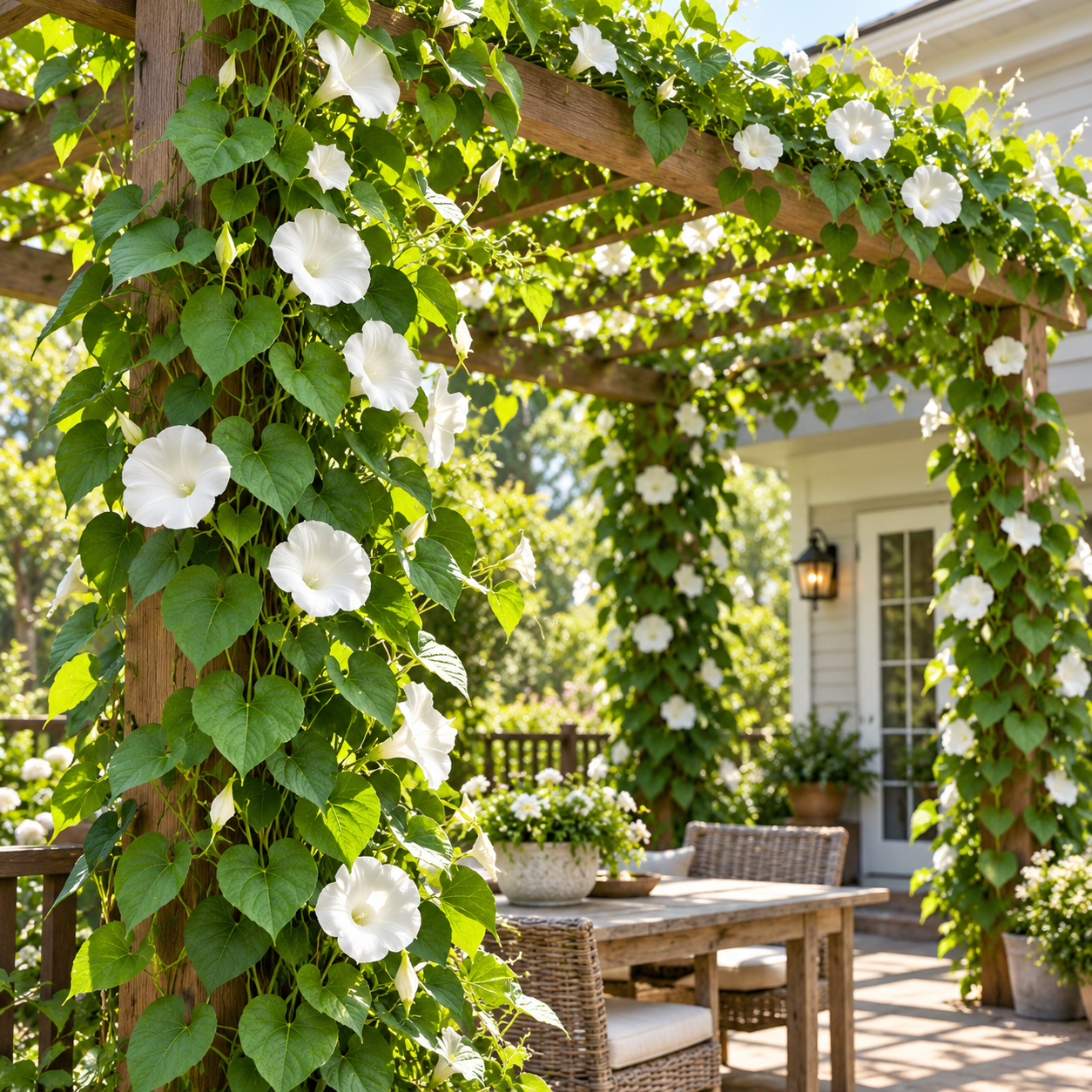 Moonflower Ipomoea alba with large pure-white trumpet-shaped evening-opening flowers climbing on trellis – summer flowering vine seeds in Pakistan