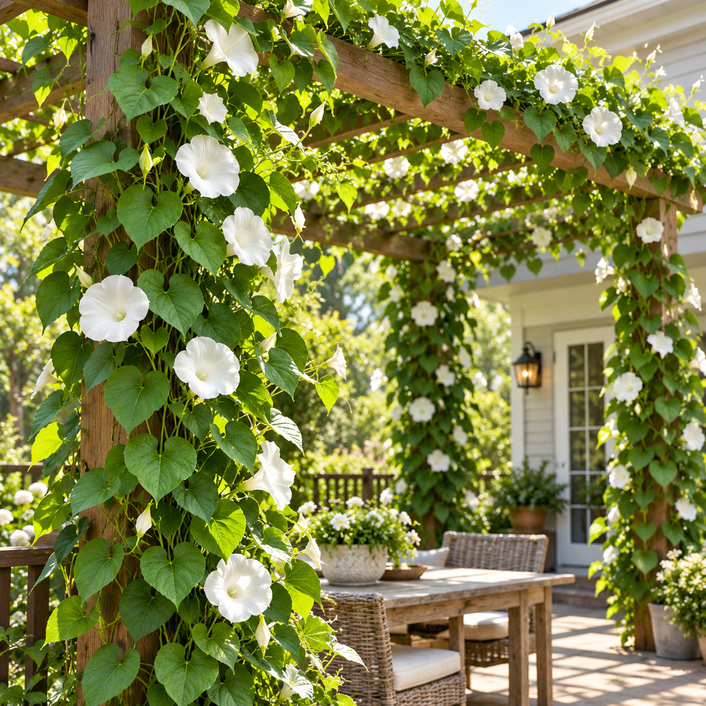 Moonflower Ipomoea alba with large pure-white trumpet-shaped evening-opening flowers climbing on trellis – summer flowering vine seeds in Pakistan