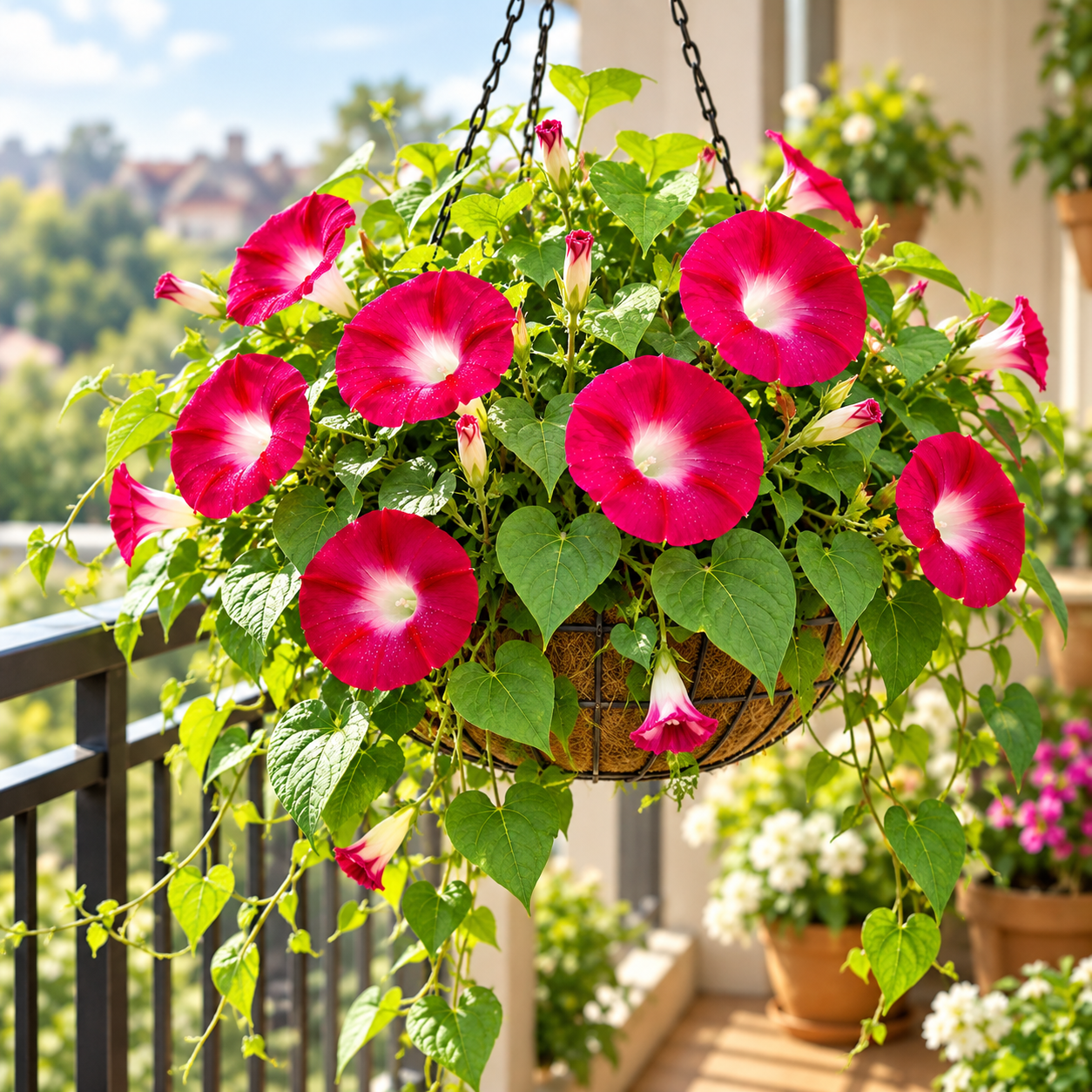 Morning Glory Crimson Rambler vine with rich crimson-red trumpet-shaped flowers – summer climbing flower seeds for trellises balconies pots and grow bags in Pakistan