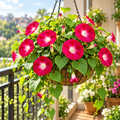 Morning Glory Crimson Rambler vine with rich crimson-red trumpet-shaped flowers – summer climbing flower seeds for trellises balconies pots and grow bags in Pakistan