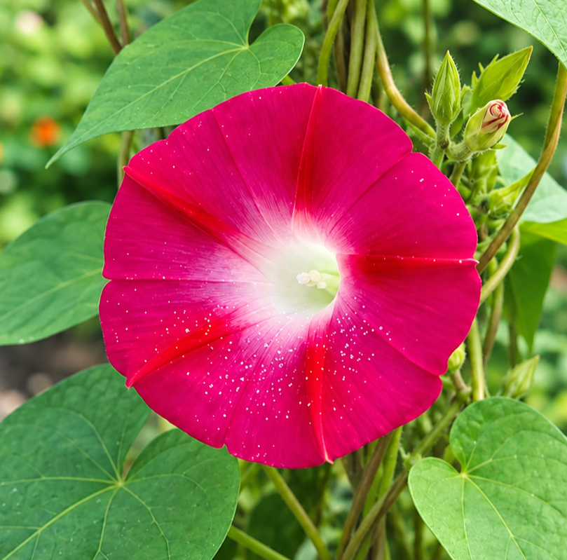 Morning Glory Crimson Rambler vine with rich crimson-red trumpet-shaped flowers – summer climbing flower seeds for trellises balconies pots and grow bags in Pakistan