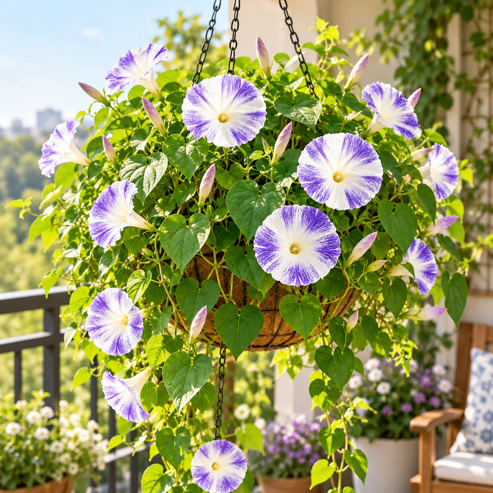 Morning Glory Flying Saucer vine with large white trumpet-shaped flowers streaked and marbled with sky-blue – summer climbing flower seeds for trellises balconies pots and grow bags in Pakistan