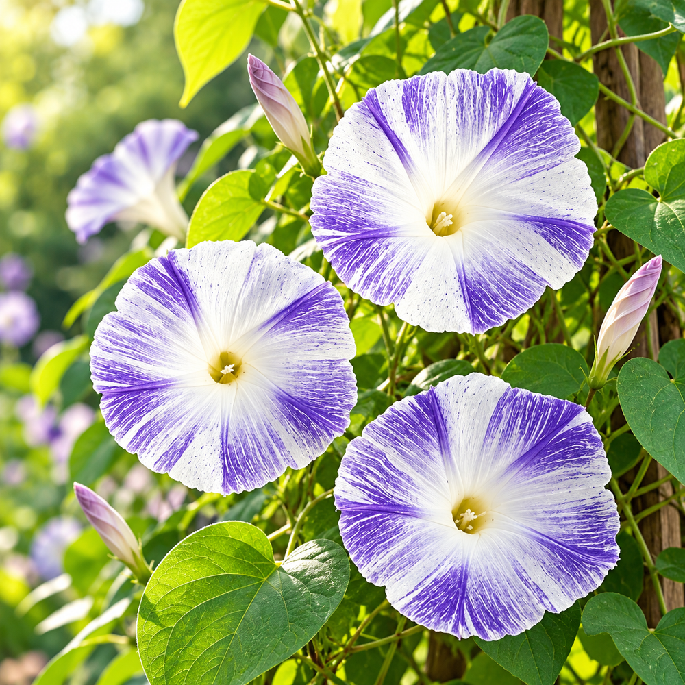 Morning Glory Flying Saucer vine with large white trumpet-shaped flowers streaked and marbled with sky-blue – summer climbing flower seeds for trellises balconies pots and grow bags in Pakistan