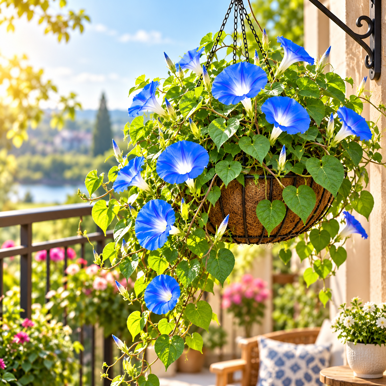 Morning Glory Heavenly Blue vine with large sky-blue trumpet-shaped flowers and pale contrasting centre – summer climbing flower seeds for trellises balconies pots and grow bags in Pakistan