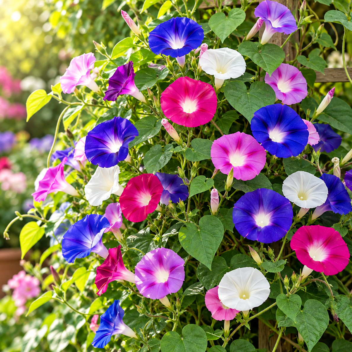 Morning Glory Imperial Mix vines with colourful mixed trumpet-shaped flowers – summer climbing flower seeds for trellises balconies pots and grow bags in Pakistan