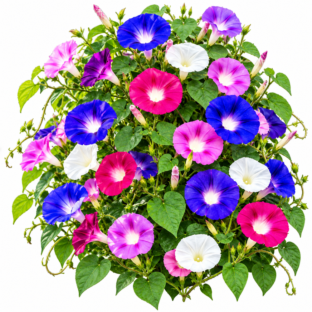 Morning Glory Imperial Mix vines with colourful mixed trumpet-shaped flowers – summer climbing flower seeds for trellises balconies pots and grow bags in Pakistan