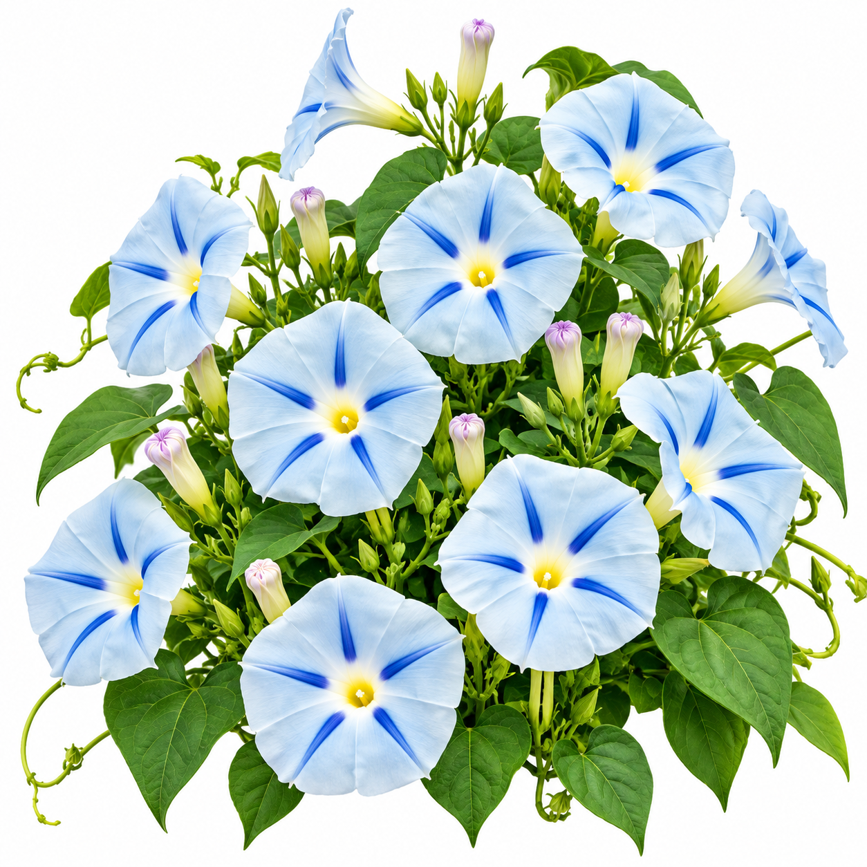 Morning Glory Ismay Ipomoea tricolor vine with pastel-blue trumpet-shaped flowers featuring a deep blue star and yellow throat – summer climbing flower seeds for Pakistan
