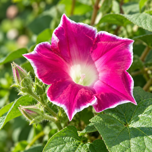 Morning Glory Magenta White Edge vine with rich magenta trumpet-shaped flowers and contrasting white margins – summer climbing flower seeds for trellises balconies pots and grow bags in Pakistan