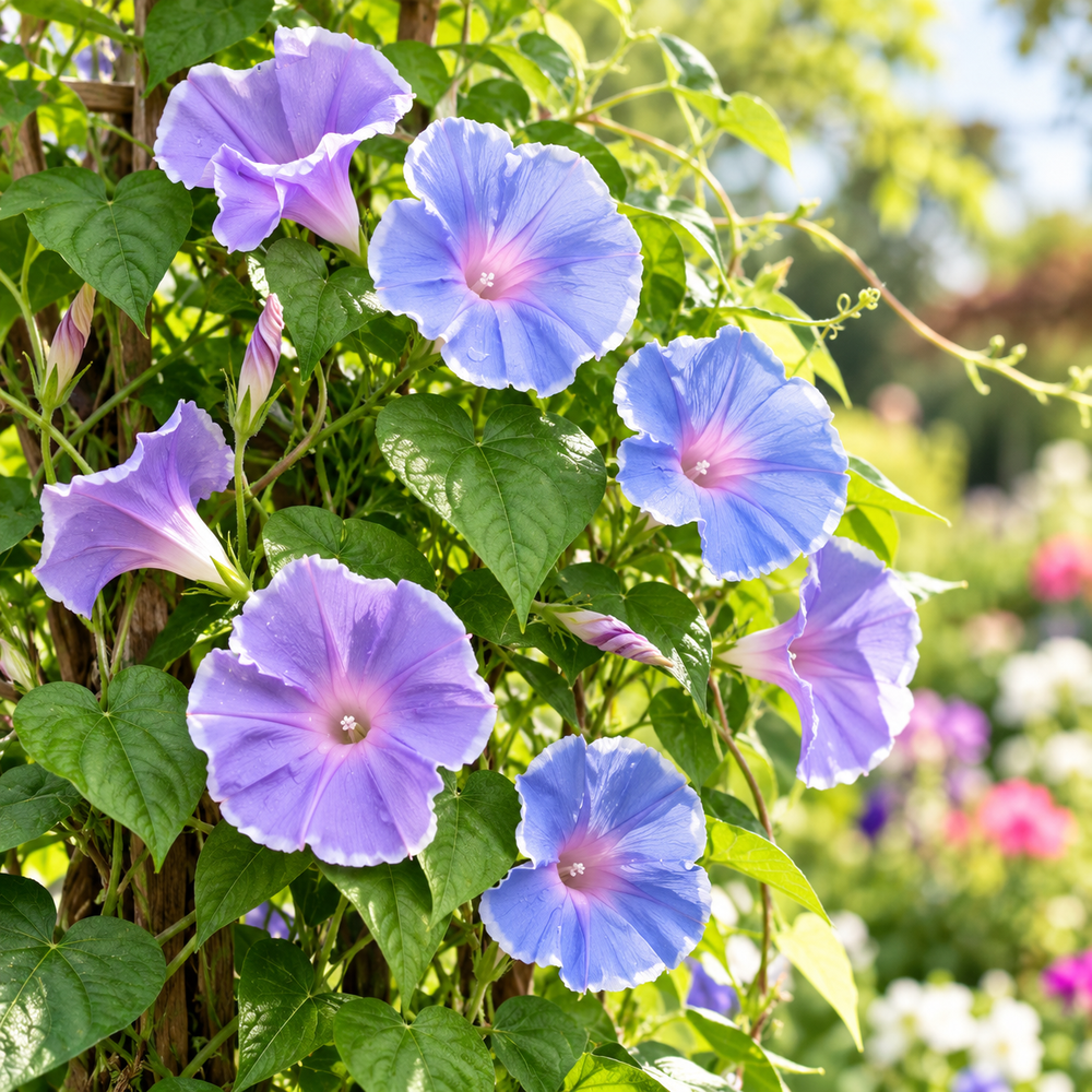 Morning Glory Morning Call Blue & White Picotee Ipomoea nil vine with large blue trumpet-shaped flowers and pale-white picotee edging – summer climbing flower seeds in Pakistan